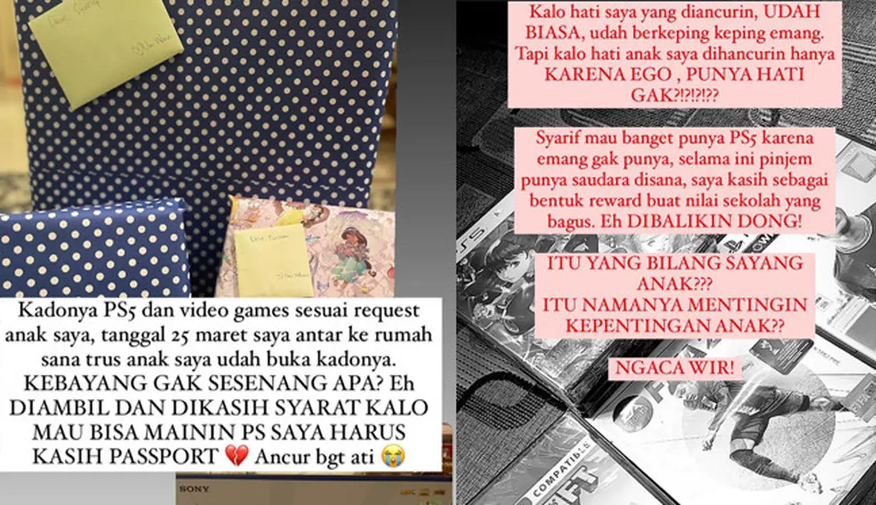 Hati Tsania kembali hancur saat anaknya yang akan mau main PS harus kasih passport. "Kado PS5 dan video games sesuai request anak saya, tanggal 25 Maret saya antar ke rumah sana trus anak saya udah buka kadonya. Kebayang gak sesenang apa? Eh diambil dan dikasih syarat kalau mau bisa mainin PS saya harus kasih passport. Ancur bgt ati," tulisnya. [Instagram/tsaniamarwa54]