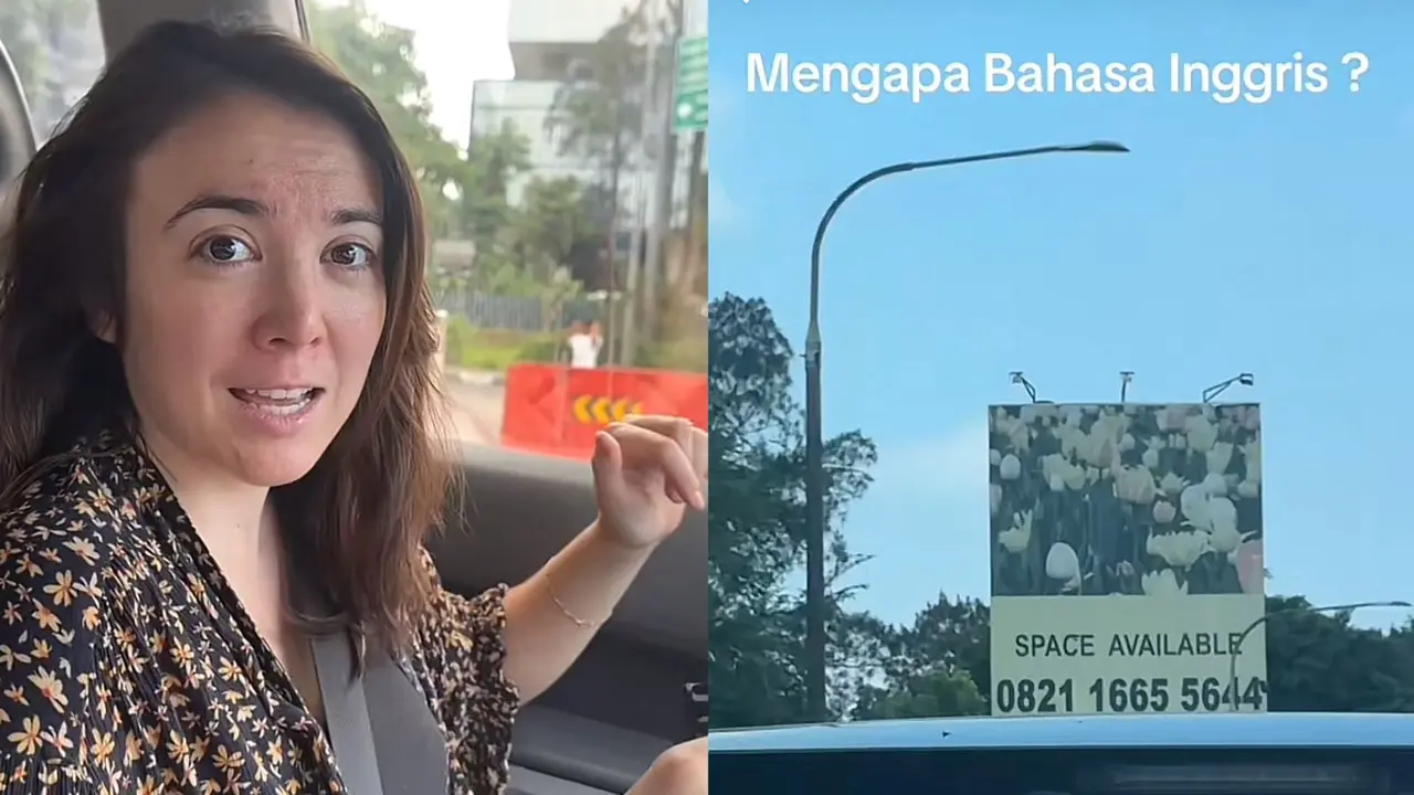 Seorang bule bersama temannya keheranan dengan papan reklame di Jakarta yang menggunakan Bahasa Inggris
