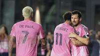 Penyerang Inter Miami Lionel Messi merayakan gol ke gawang D.C. United pada laga MLS di Fort Lauderdale, Florida, Minggu, 21 September 2025. (AP Photo/Rebecca Blackwell)