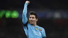 Lionel Messi merayakan golnya ke gawang Arsenalpada leg pertama babak 16 besar liga Champions di Stadion Emirates, Selasa (24/2/2016) dini hari WIB. (Reuters / Toby Melville)