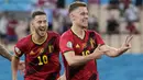 Belgia akhirnya memecah kebuntuan lewat Thorgan Hazard di menit ke-42. Tendangan keras Thorgan Hazard dari luar kotak pinalti melesat melewati Rui Patricio. Papan skor berubah menjadi 1-0 dengan keunggulan Belgia dan bertahan hingga paruh waktu pertandingan. (Foto: AP/Pool/Thanassis Stavrakis)