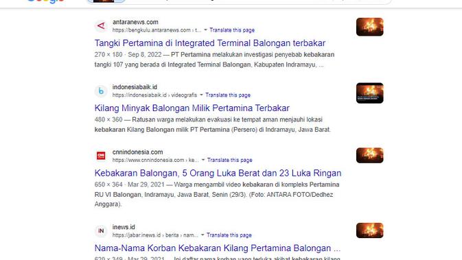 <p>Tangkapan layar Google Image untuk menelusuri klaim foto kebakaran kilang Pertamina Dumai</p>