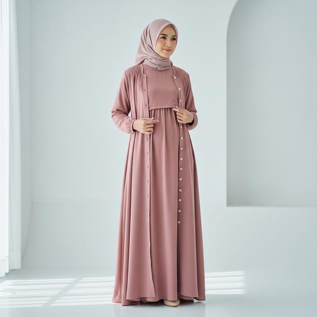 7. Gamis Outer Set Minimalis dengan Kancing Depan Penuh (Busui Friendly)