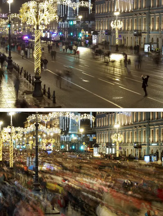 Kombinasi gambar ini menunjukkan di atas, orang-orang berjalan di sepanjang prospek Nevsky, selama perayaan Tahun Baru di St.Petersburg, Rusia 1 Januari 2021, dan di bawahnya, file foto dari lokasi yang sama dikemas dengan orang-orang pada hari Rabu, 1 Januari 2020. (AP Photo/Dmitri Lovetsky)