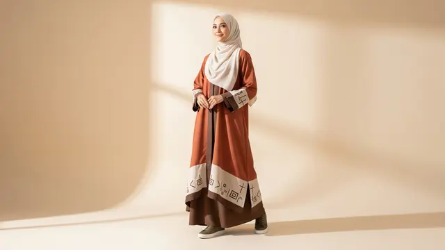 Gamis Abaya Earth Tone dengan Aksen Bordir Geometris