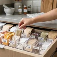 Ide menata bumbu sachet agar mudah dicari dan tidak bikin dapur berantakan (AI generated)