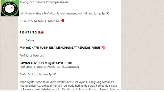 Penelusuran Klaim Minyak Kayu Putih Obat Covid-19 Tulisan Asli dr Indrianti Idrus
