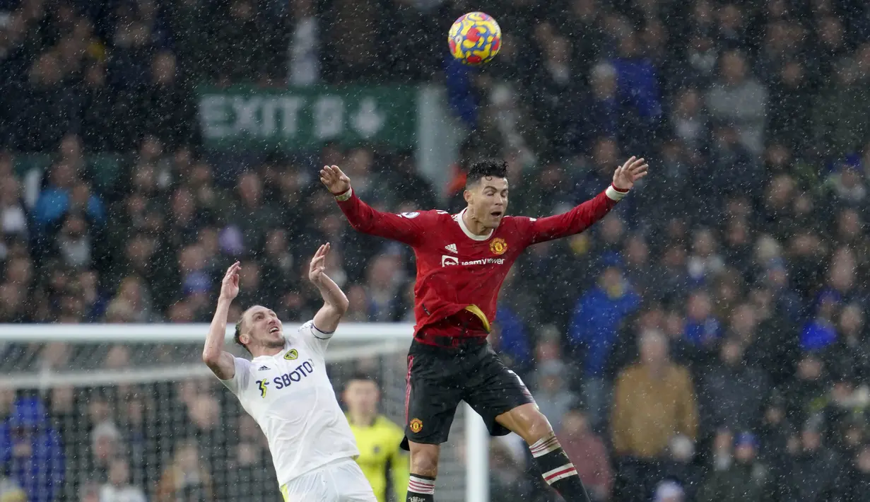 Penyerang Manchester United, Cristiano Ronaldo berebut bola udara dengan pemain Leeds United, Luke Ayling  pada pertandingan lanjutan Liga Inggris di Stadion Elland Road di Leeds, Inggris, Minggu (20/2/2022). MU menang atas Leeds United 4-2. (AP Photo/Jon Super)