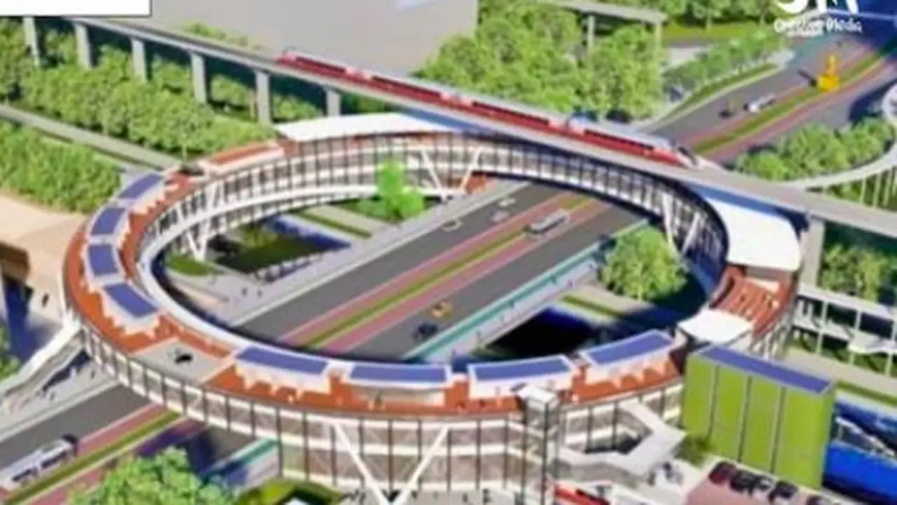 Gambar konsep Jembatan Cincin Donat, yang bakal menjadi simpul baru memadukan empat transportasi massal andalan warga Jakarta, MRT, LRT, KRL, dan TransJakarta. (@jktcreativemedia)