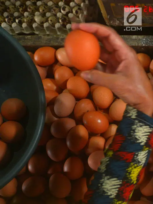 Penjual menunjukkan telur dagangannya di Pasar Minggu, Jakarta, Rabu (24/7). Harga telur ayam mengalami penurunan di angka Rp 26 ribu per kilo. (Merdeka.com/Imam Buhori)