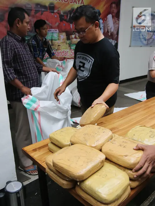 Petugas merapikan barang bukti ganja saat menggelar rilis di Polda Metro Jaya, Jakarta, Selasa (24/4). Narkotika jenis ganja dibawa dari Aceh ke Jakarta disimpan di dalam bak truk yang sudah dimodifikasi. (Liputan6.com/Arya Manggala)