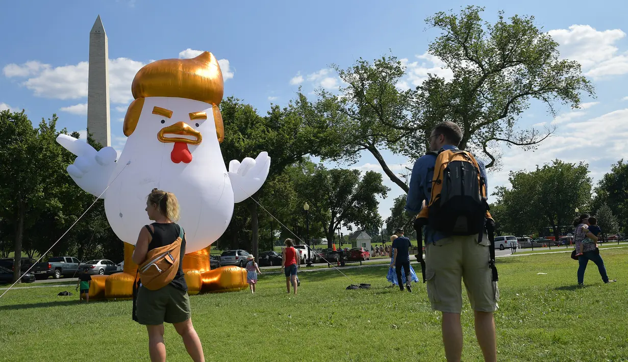 Wisatawan mengamati balon raksasa berbentuk ayam yang diletakkan di sebuah taman di belakang Gedung Putih, Washington DC, 9 Agustus 2017. Balon itu sebagai bentuk protes terhadap kepemimpinan Donald Trump yang dinilai tidak tegas. (Mandel NGAN/AFP)