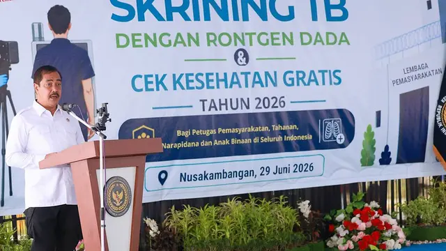 Menteri Imigrasi dan Pemasyarakatan Agus Andrianto dalam kick off skrining TB dan CKG di Nusakambangan, Cilacap, Jawa Tengah, Senin (29/6/2026). (Dok Kemenkes)
