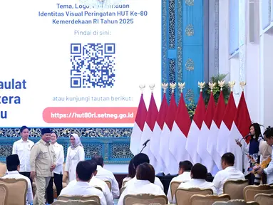 Presiden Prabowo Subianto (keempat kiri) usai mengumumkan logo Hari Peringatan Kemerdekaan ke-80 RI di Istana Negara, Kompleks Istana Kepresidenan, Jakarta Pusat, Rabu (23/7/2025). (Foto: Biro Pers Sekretariat Presiden)