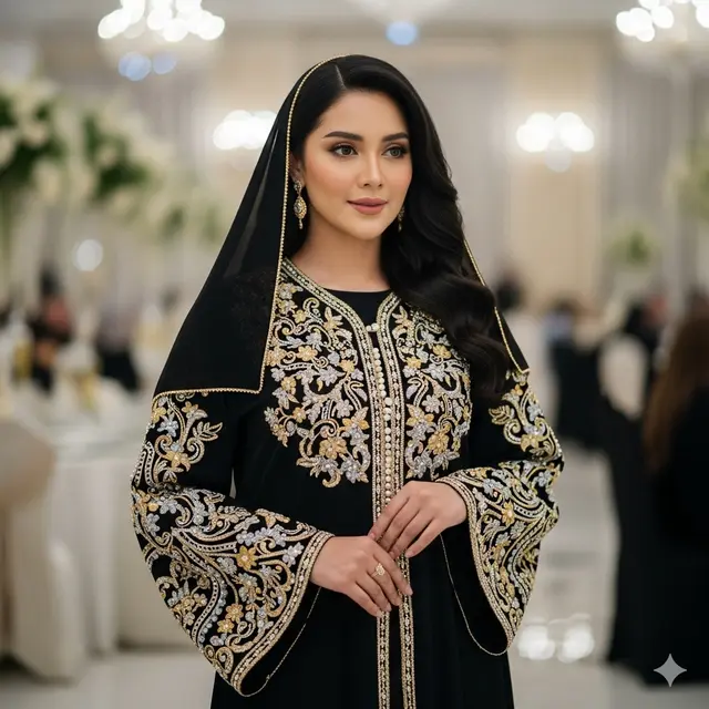 Model Gamis Hitam Bordir Emas Kombinasi Silver (Image by Gemini)