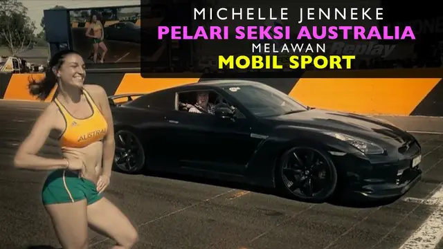 Video Michelle Jenneke atlet seksi lari lompat gawang asal australia adu lari dengan mobil sport, saat acara tv swasta di Sydney Australia.