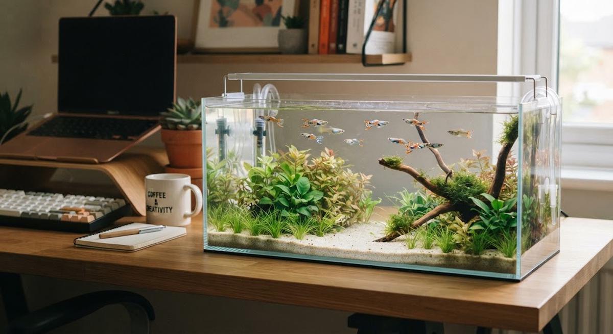Ide akuarium mini untuk meja kerja model memanjang dengan ikan kecil