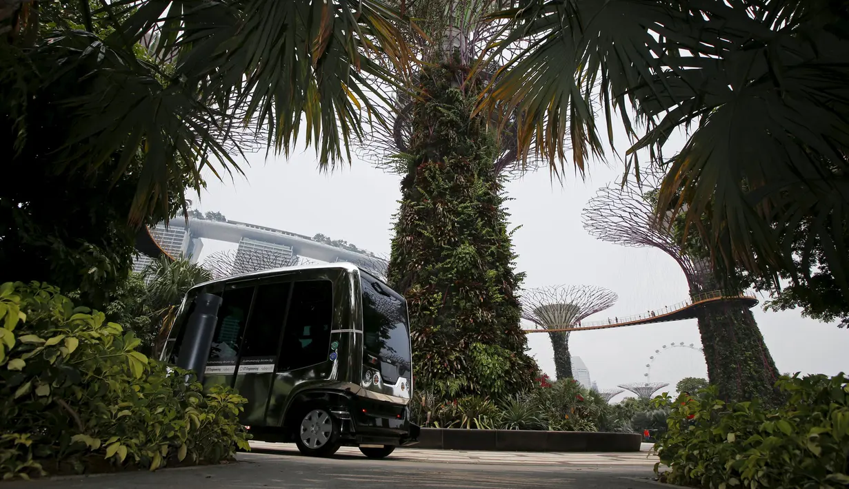 Sebuah kendaraan self-driving otonom saat demonstrasi di sebuah taman Singapura, Senin (12/10). Singapura telah meluncurkan angkutan umum pada hari Senin, berupa komuter dan bus driverless di sepanjang jalan utama kota. (REUTERS/Edgar Su)