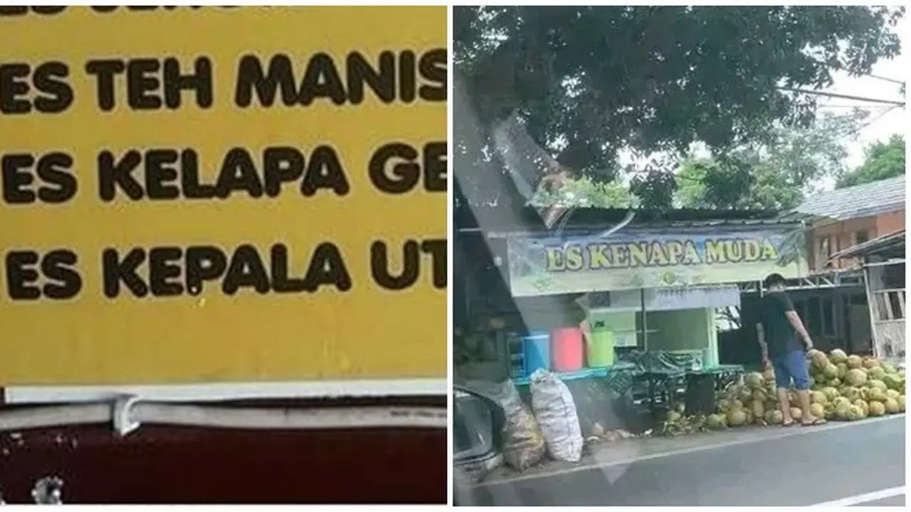 6 Tulisan Typo di Spanduk Warung Es Kelapa Muda Ini Bikin Tepuk Jidat
