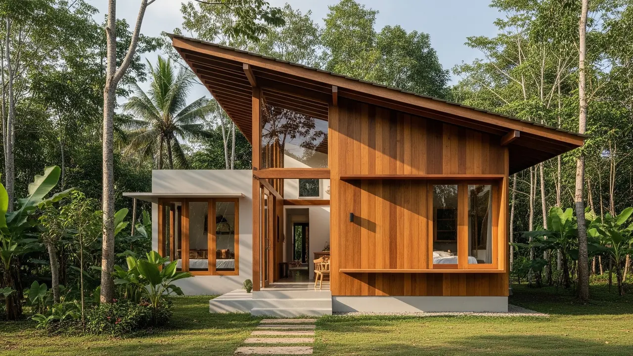 Inspirasi Fasad Rumah Desa dengan Kombinasi Kayu dan Atap Miring Minimalis