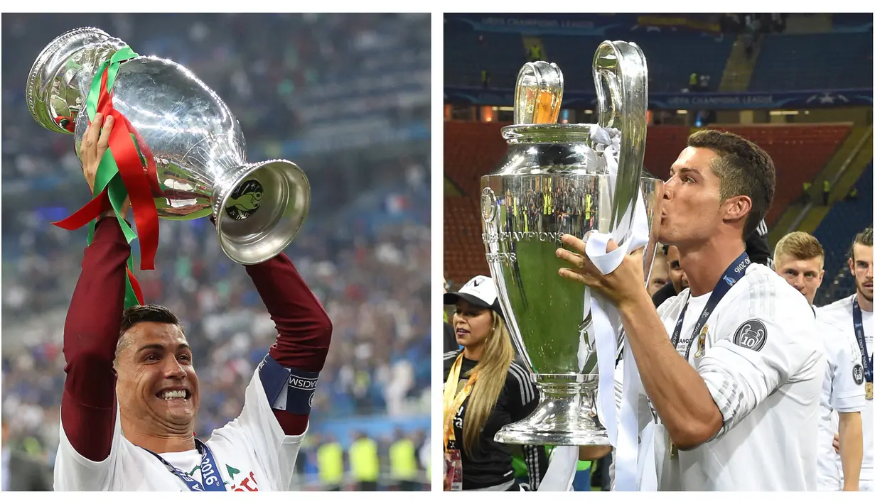 Cristiano Ronaldo. Gelar Liga Champions diraihnya bersama Real Madrid usai mengalahkan Atletico Madrid pada musim 2015/2016. Sementara gelar Piala Eropa diraihnya bersama Timnas Portugal usai mengalahkan Prancis 1-0 di final Euro 2016. (Foto: AFP/Valery Hache/Gerard Julien)