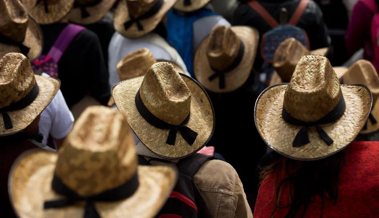 Sejumlah petani Meksiko mengenakan topi jerami saat melakukan demontrasi terkait NAFTA di Mexico City (26/7). NAFTA sendiri adalah Perjanjian Perdagangan Bebas Amerika Utara yang terdiri dari AS, Kanada, dan Meksiko. (AP Photo / Rebecca Blackwell)