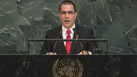 Menteri Luar Negeri Venezuela Jorge Arreaza saat berpidato di hadapan Sidang Majelis Umum PBB ke-72 (AP)