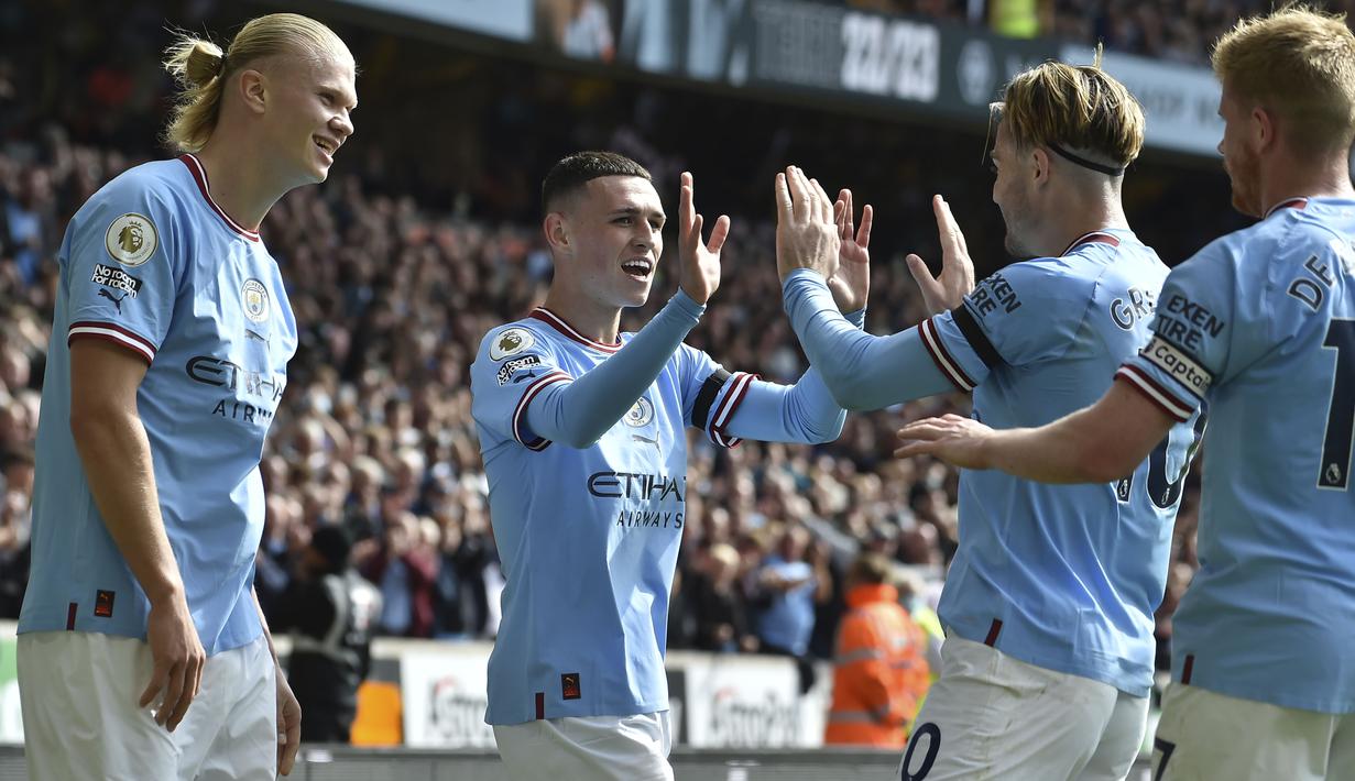 Sedangkan dua gol lainnya masing-masing dicetak oleh Jack Grealish dan Phil Foden. (AP Photo/Rui Vieira)
