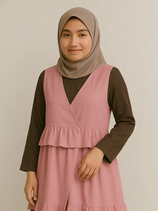 Gamis Rompi Berlayer dengan Aksen Ruffle (Foto: Rizka Nur Laily via ChatGPT)