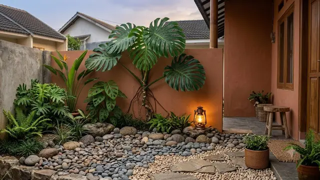 6 Taman Kering dengan Batu Koral dan Monstera, Halaman Rumah Makin Sejuk
