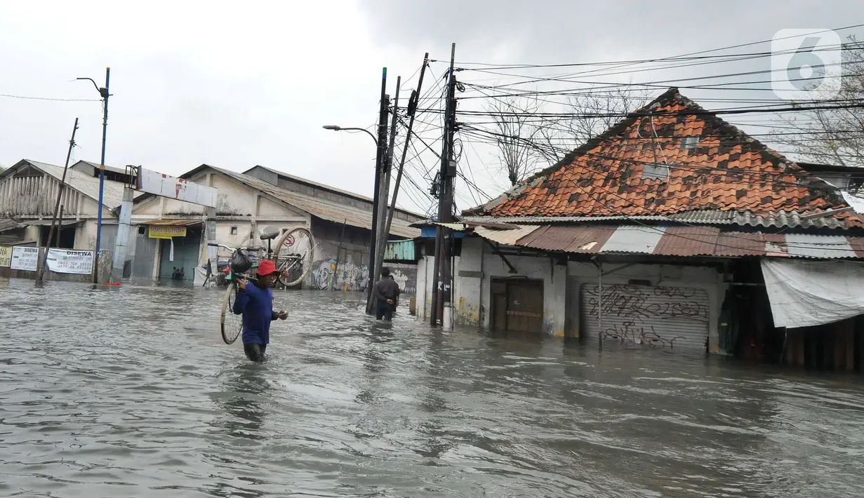 Seorang pria memanggul sepeda melewati banjir rob di kawasan Pelabuhan Sunda Kelapa, Jakarta, Selasa (7/12/2021). Banjir rob setinggi satu meter memutus Jalan Kerapu yang menghubungkan Ancol-Pluit. (merdeka.com/Arie Basuki)