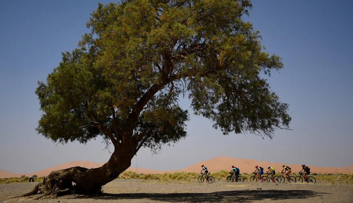Para pebalap mengendarai sepeda pada etape 1 edisi ke 14 balap sepeda gunung Titan Gurun 2019 di sekitar Kota Merzouga, Maroko, Minggu (28/4/2019). Trek Titan Gurun 2019 sepanjang 640 km menghubungkan antara Merzouga dan Maadid berlangsung pada 28 April-3 Mei 2019. (Franck Fife / AFP)