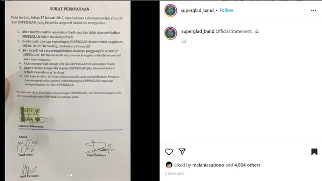 Perjanjian tertulis antara Buluk Superglad dan band Superglad. (Instagram @superglad_band)