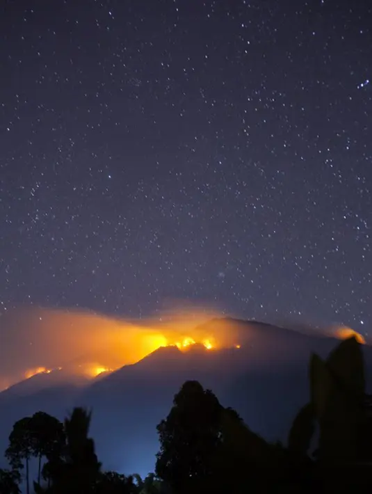 Sejumlah titik-titik api kebakaran yang melanda lereng Gunung Merbabu terlihat dari Kecamatan Magelang, Jawa Tengah, Jumat (21/8/2015). Kebakaran yang sudah terjadi sejak dua hari yang lalu itu diduga akibat musim kemarau. (AFP PHOTO/SURYO WIBOWO)