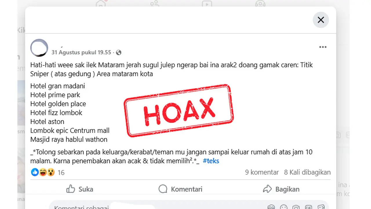 Tangkapan layar hoaks sniper ditempatkan di gedung tinggi di Mataram