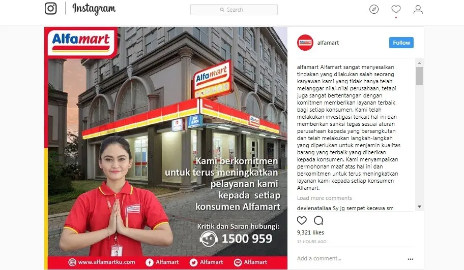 Pihak Alfamart melalui akun Instagram, menyesalkan tindakan pegawainya itu dan memohon maaf kepada para pelanggannya. (Istimewa)
