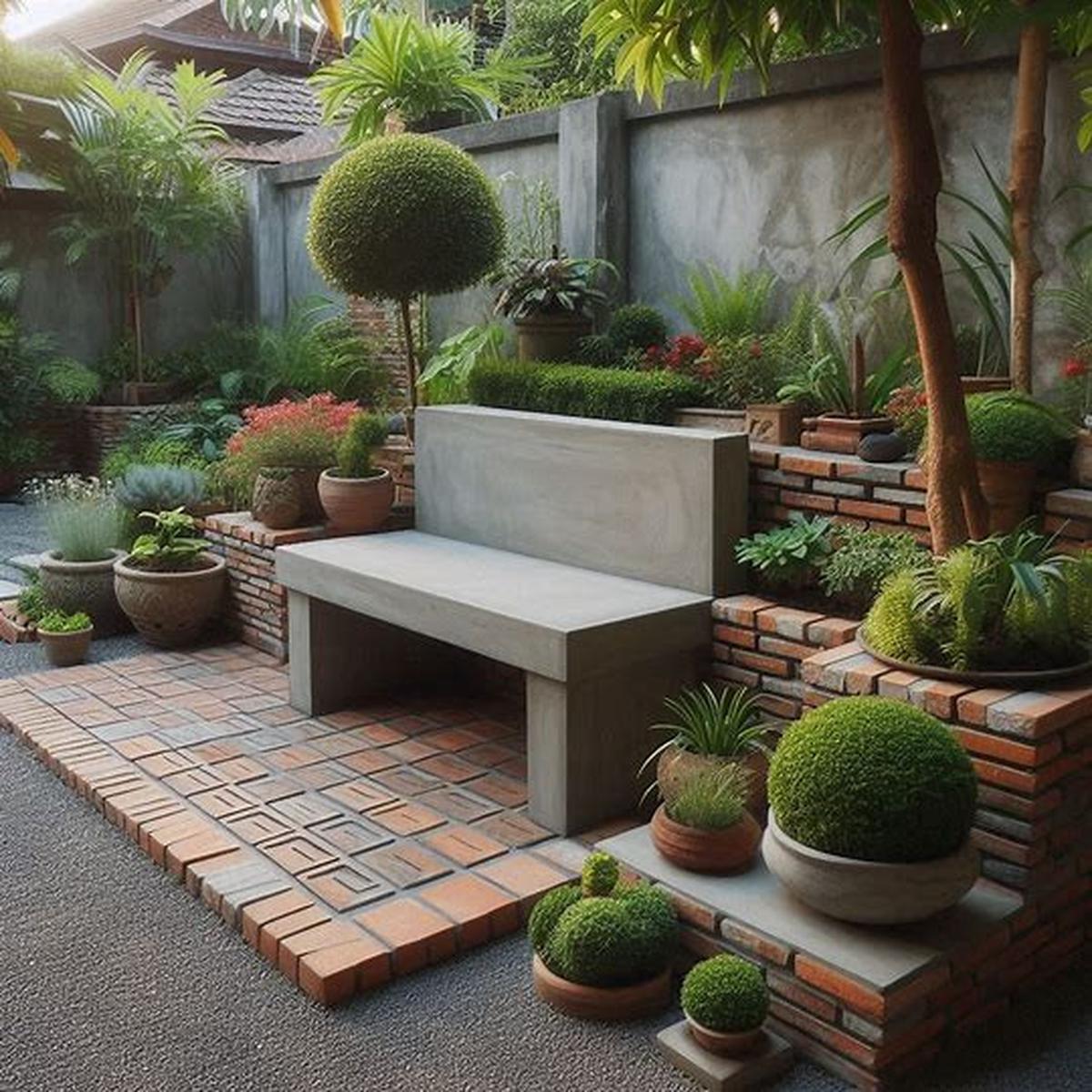 Bangku Taman Beton dengan Aksen Batu Bata