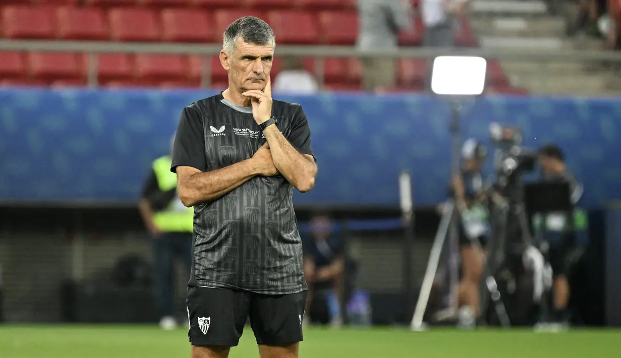 Pertandingan Piala Super Eropa antara Manchester City vs Sevilla akan digelar di Karaiskakis Stadium, Kamis (17/8/2023) pukul 02.00 dini hari WIB. (Louisa GOULIAMAKI / AFP)