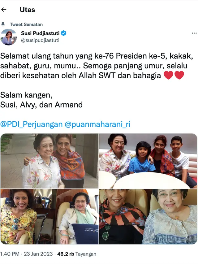Ucapan selamat ulang tahun dari Susi Pudjiastuti untuk Megawati. (Foto: Dok. Instagram @susipudjiastuti115)