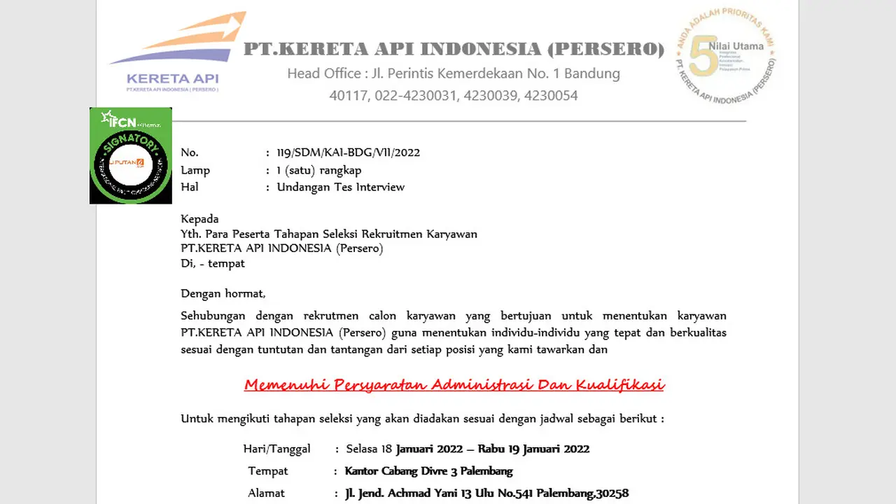 Cek Fakta Liputan6.com menelusuri informasi surat pemanggilan seleksi karyawan KAI