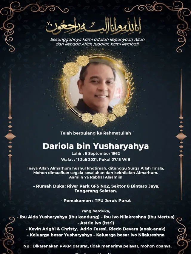 Suami astri Ivo, Dariola Yusharyahya, meninggal dunia (ist)