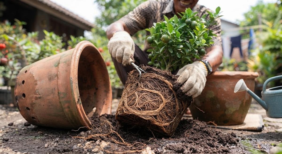 Cara Mengatasi Tanah di Tabulampot Cepat Padat dengan Melakukan Rapotting untuk Pertumbuhan Akar.