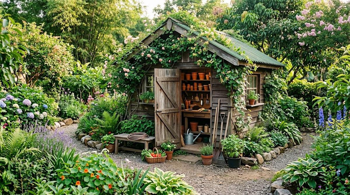 Ide Tempat Penyimpanan Pot dan Alat Berkebun yang Menyatu dengan Taman/AI Generated