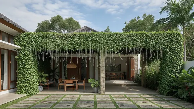 Desain Teras Sekaligus Carport dengan Tanaman Rambat