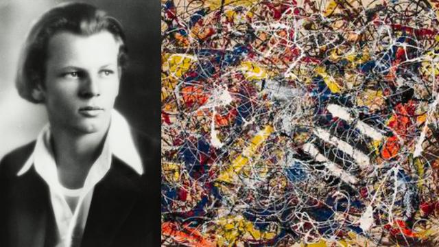 Jackson Pollock (kiri) dan lukisan Number 17A (kanan)
