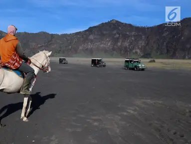 Joki kuda sedang menunggu wisatawan yang melintas menggunakan mobil jeep di Taman Nasional Bromo Tengger Semeru, Jawa Timur, Sabtu (4/11). Harga sewa kuda berkisar Rp 100 - 150 ribu. (Liputan6.com/Fery Pradolo)