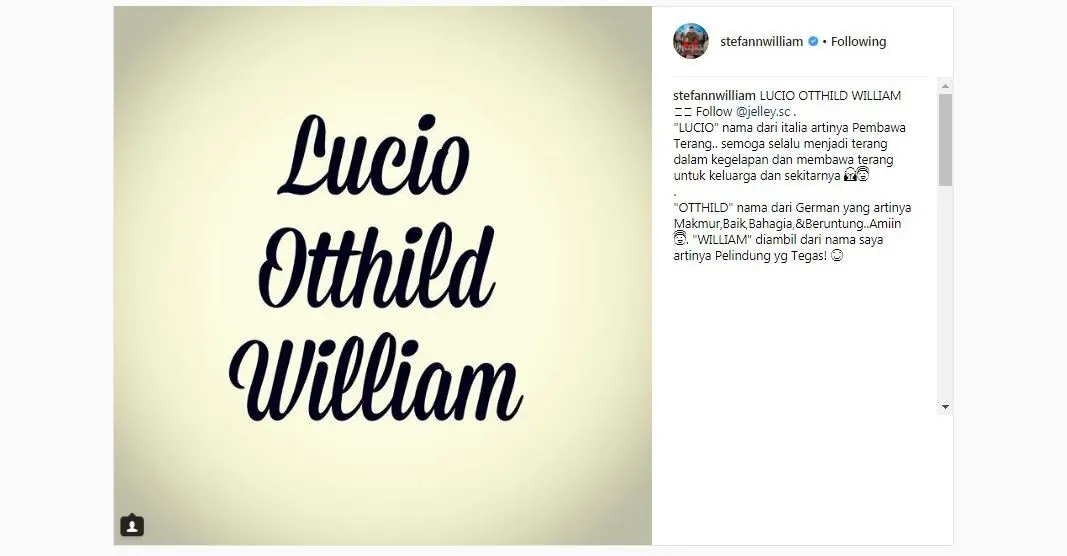 Stefan William dan Celine Evangelista umumkan nama anak [foto: instagram/stefannwilliam]