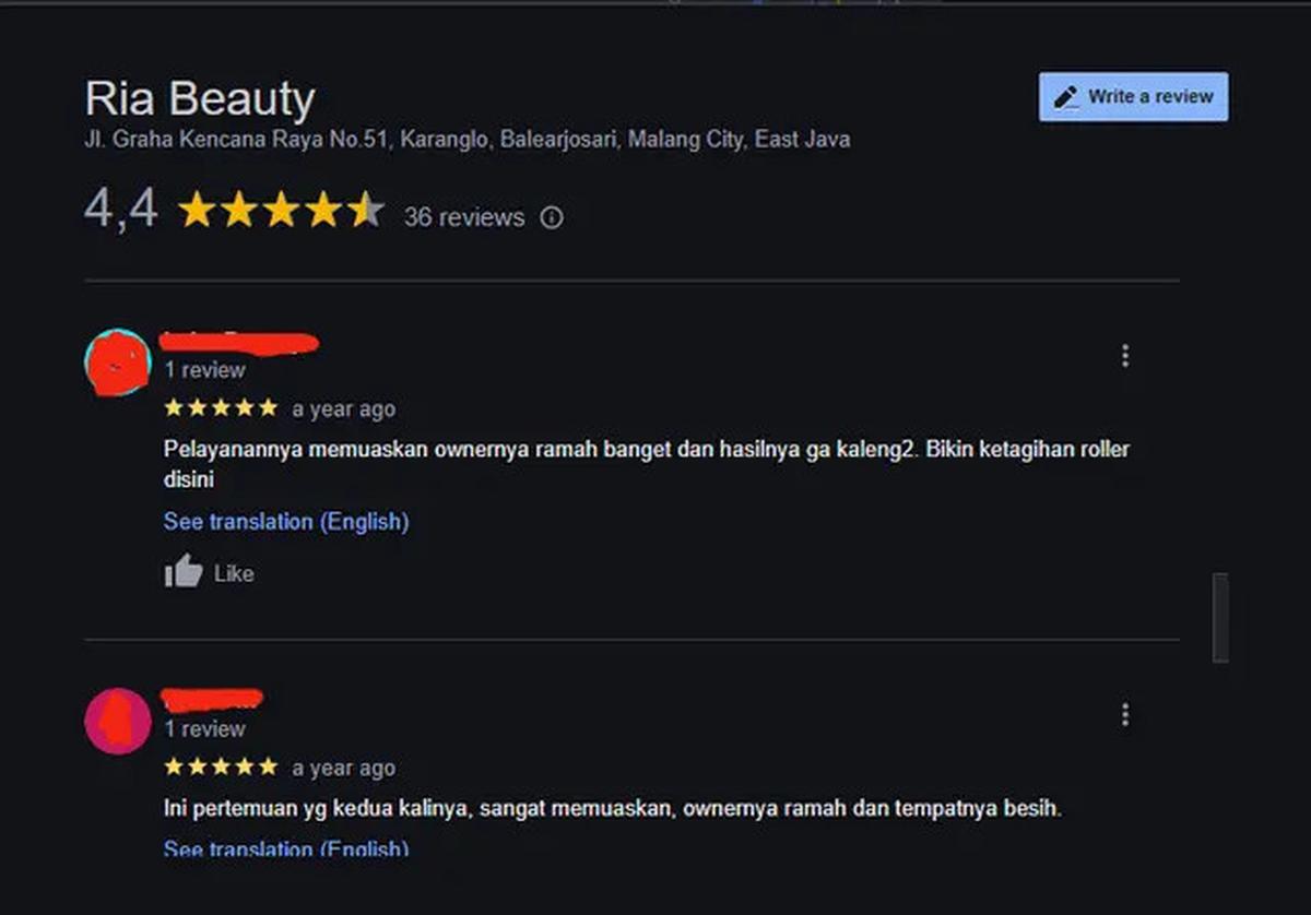 Ulasan Ria Beauty Care Malang di Google, Masih Banyak Orang Percaya