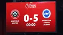 Papan skor menunjukkan skor akhir pertandingan lanjutan Liga Inggris 2023/2024 antara Sheffield United melawan Brighton di Bramall Lane stadium, Sheffield, Inggris, Minggu (19/02/2024). (AP Photo/PA/Nick Potts)