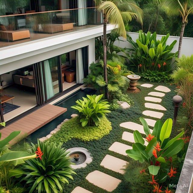 Desain Rumah Lantai 2 dengan Rooftop Taman Tropis